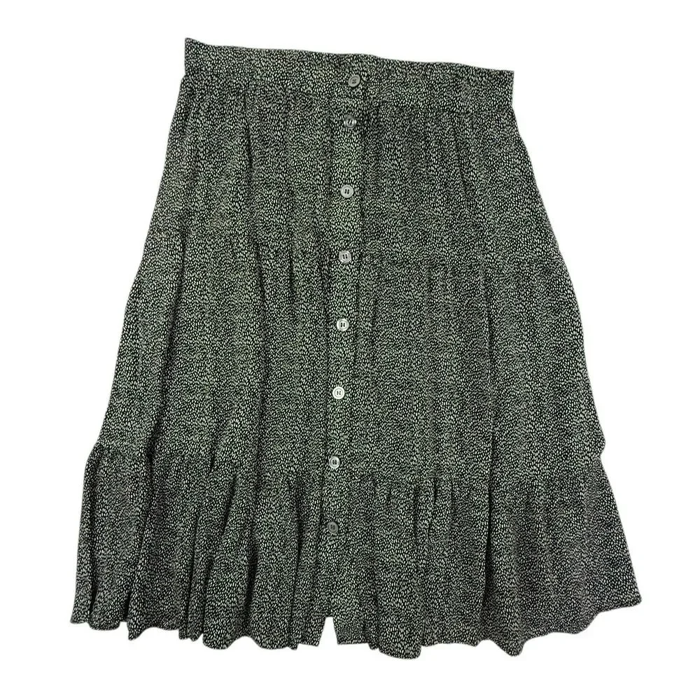 Talbots Tiered Prairie Skirt Women Large Black White Button Front Bohemian Midi